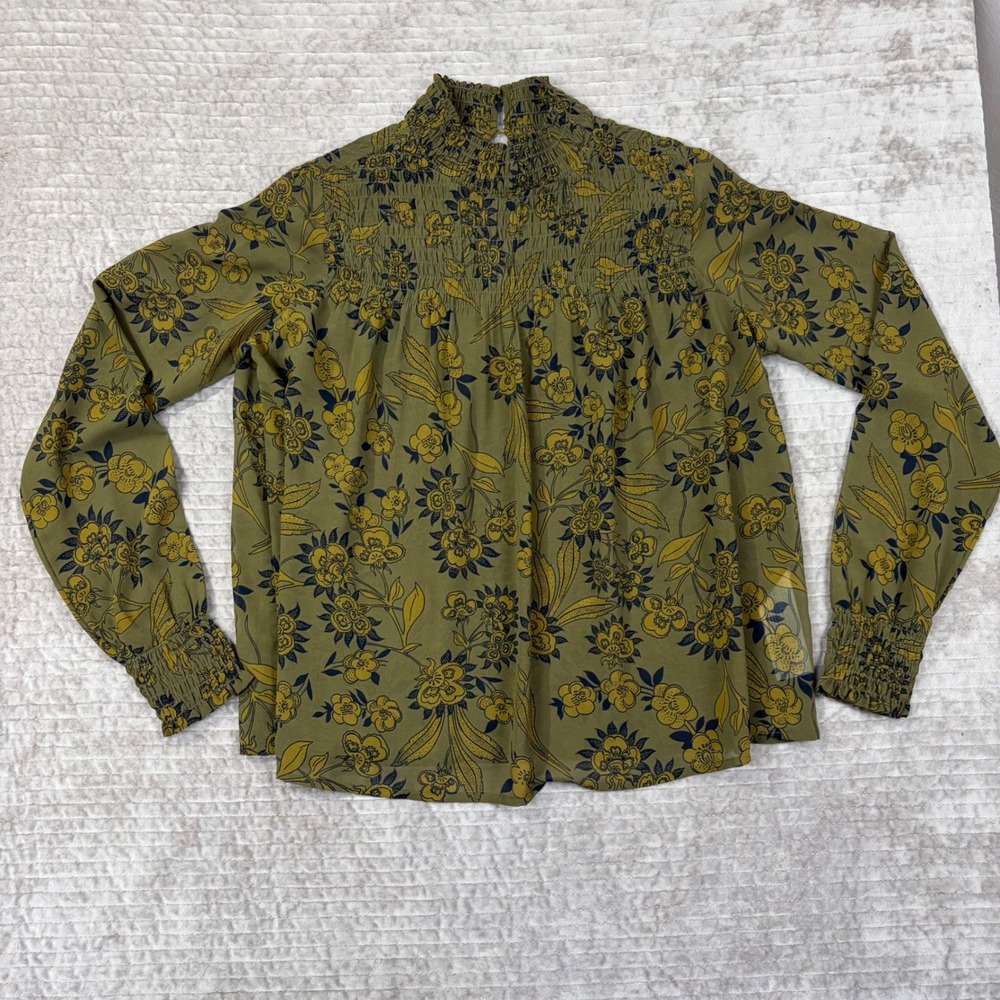 Abercrombie & Fitch Womens Small Olive Green Floral Smocked High Neck Blouse Top